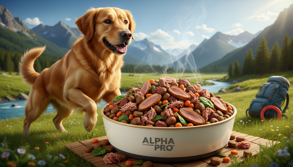 Aktiver Hund neben Napf mit getreidefreiem Futter mit hohem Fleischanteil