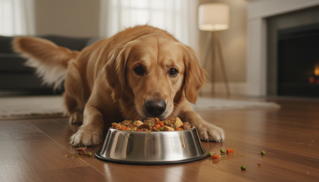 Hund frisst begeistert hochwertiges Nassfutter aus einem Napf