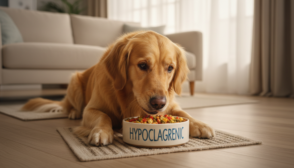 Hund mit glänzendem Fell frisst hypoallergenes Hundefutter