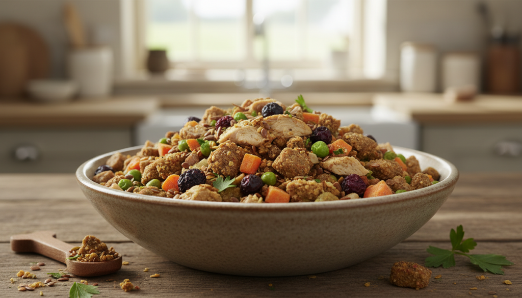 Kaltgepresstes Hundefutter mit sichtbaren natürlichen Zutaten in einer Schüssel