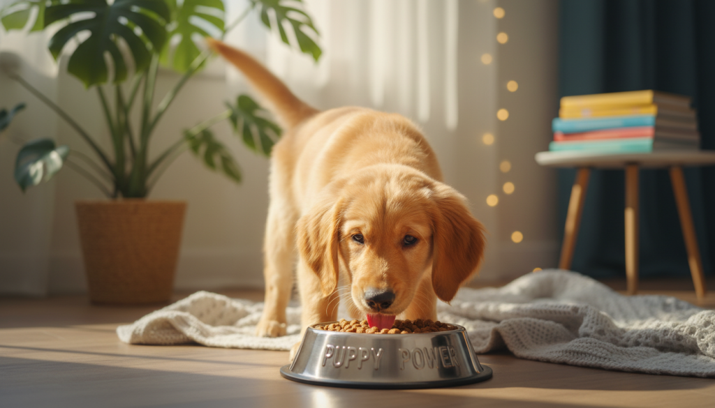 Niedlicher Welpe frisst aus einer Schüssel mit speziellem Welpenfutter